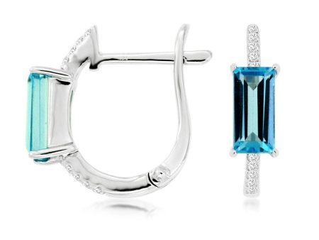 Emerald Cut Blue Topaz Diamond Pave Huggie Hoop Earrings in White Gold For Cheap