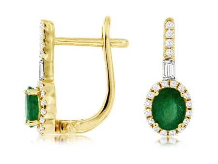 Green Oval Natural Emerald Diamond Halo Leverback Earrings in Yellow Gold Hot on Sale