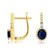 Blue Oval Natural Sapphire Diamond Halo Leverback Earrings in Yellow Gold Fashion