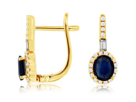 Blue Oval Natural Sapphire Diamond Halo Leverback Earrings in Yellow Gold Fashion