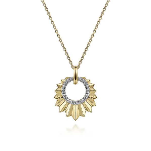 Leaf Shaped Diamond Circle Pendant Necklace in Yellow Gold, 0.11 cttw on Sale