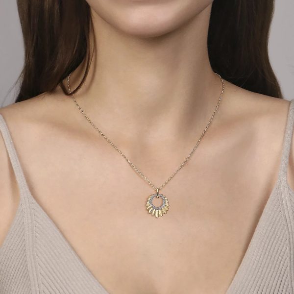 Leaf Shaped Diamond Circle Pendant Necklace in Yellow Gold, 0.11 cttw on Sale