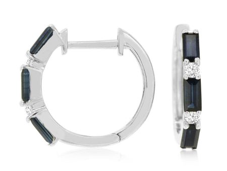 Baguette Cut Blue Sapphire and Round Diamond Huggie Hoop Earrings in White Gold Discount